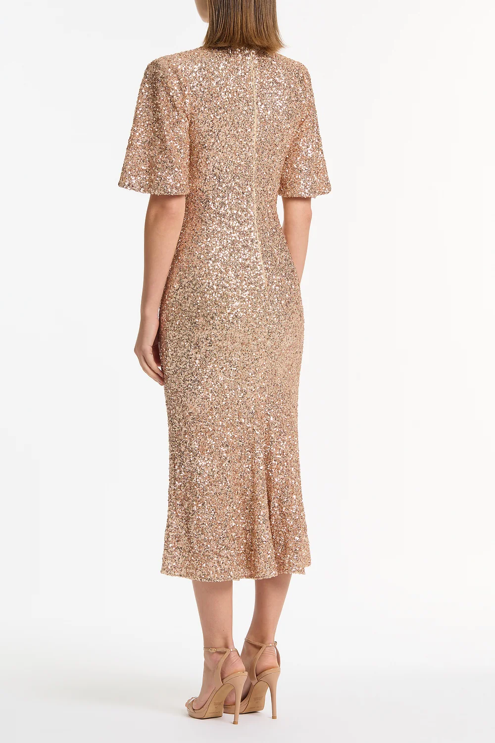 CHAMPAGNE CRUSHED SEQUIN BELL SLEEVE MIDI DRESS - Image 3