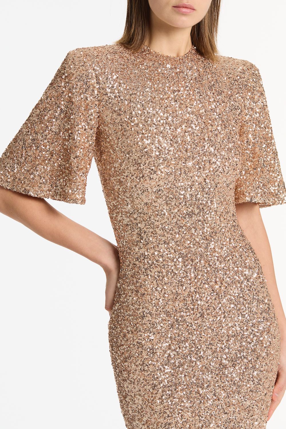 CHAMPAGNE CRUSHED SEQUIN BELL SLEEVE MIDI DRESS - Image 4