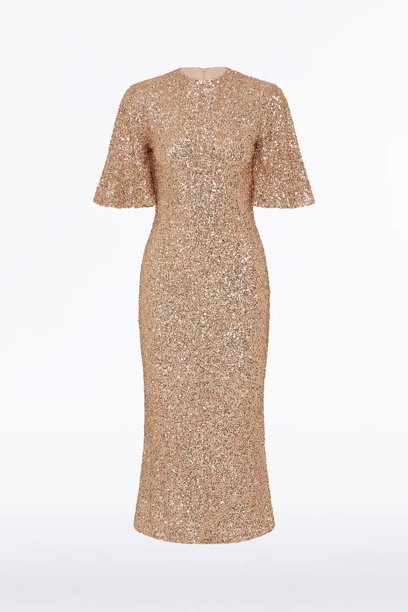 CHAMPAGNE CRUSHED SEQUIN BELL SLEEVE MIDI DRESS - Image 5