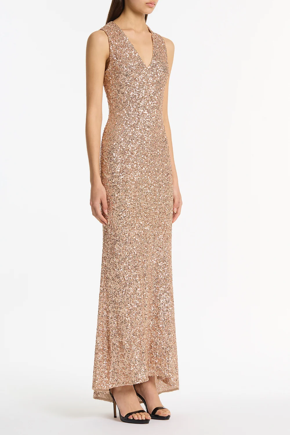 CHAMPAGNE CRUSHED SEQUIN V-NECK GOWN - Image 2