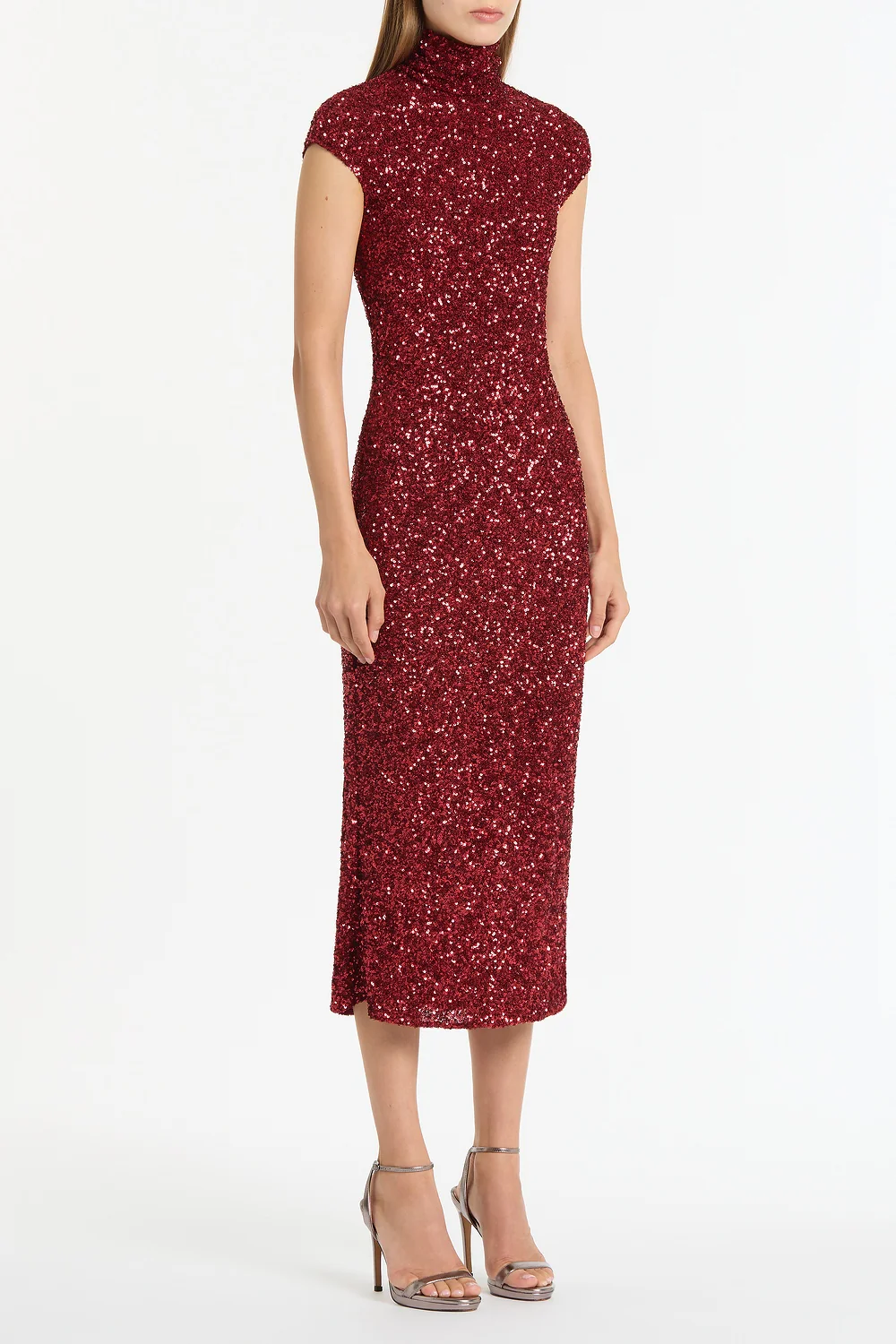 CHERRY CRUSHED SEQUIN CAP SLEEVE MIDI DRESS - Image 3