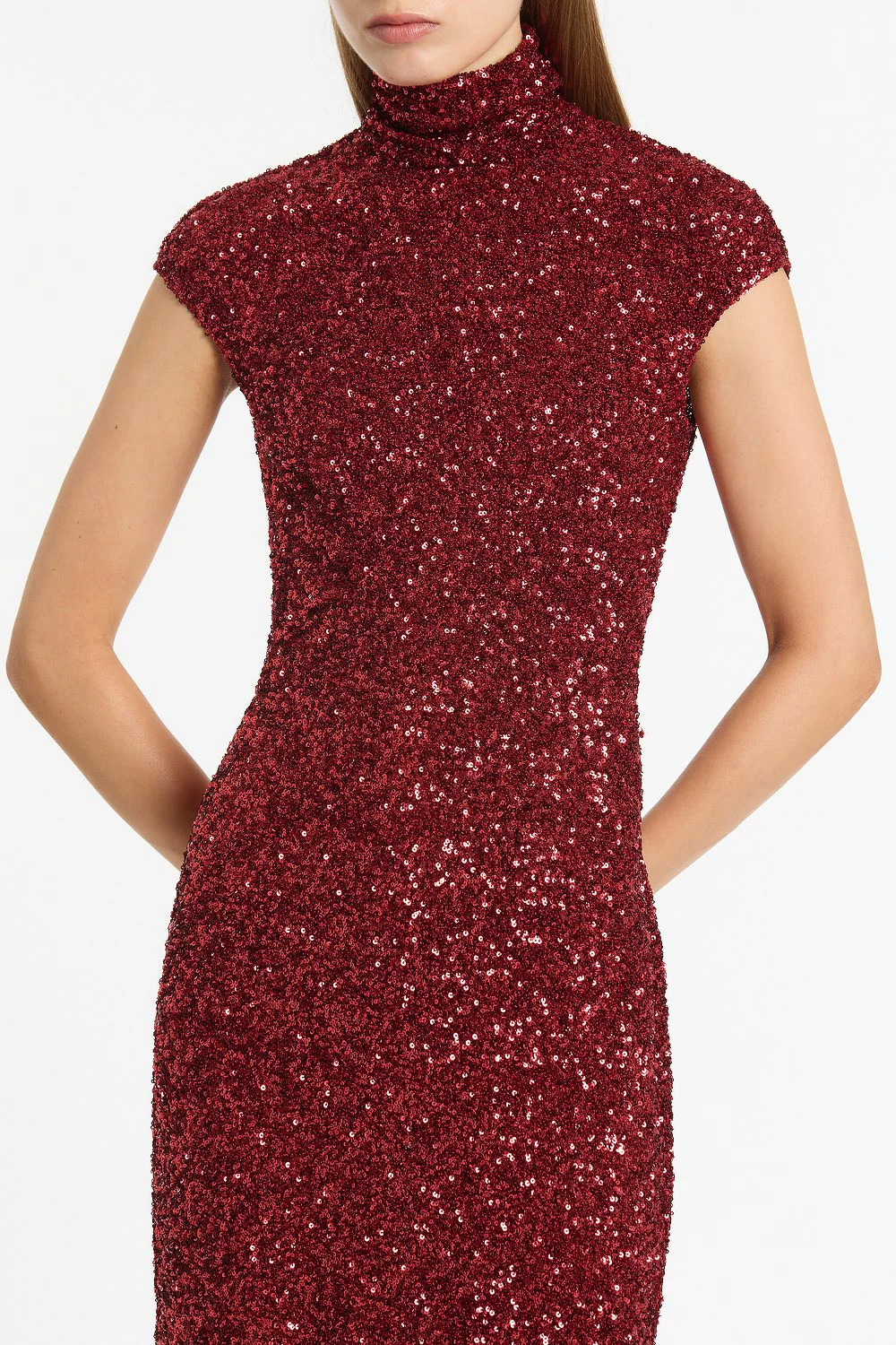 CHERRY CRUSHED SEQUIN CAP SLEEVE MIDI DRESS - Image 4