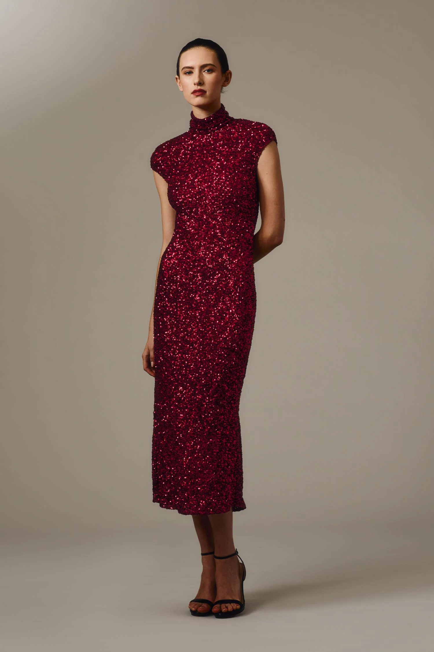 CHERRY CRUSHED SEQUIN CAP SLEEVE MIDI DRESS - Image 5