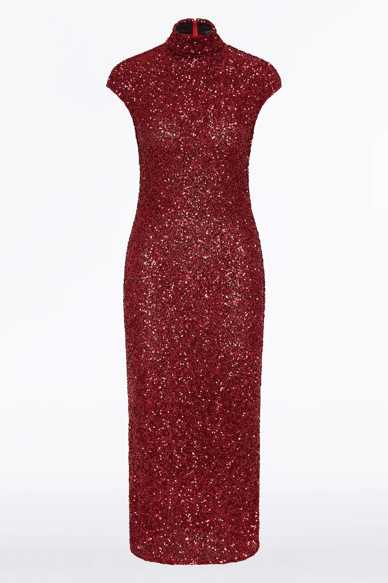 CHERRY CRUSHED SEQUIN CAP SLEEVE MIDI DRESS - Image 6
