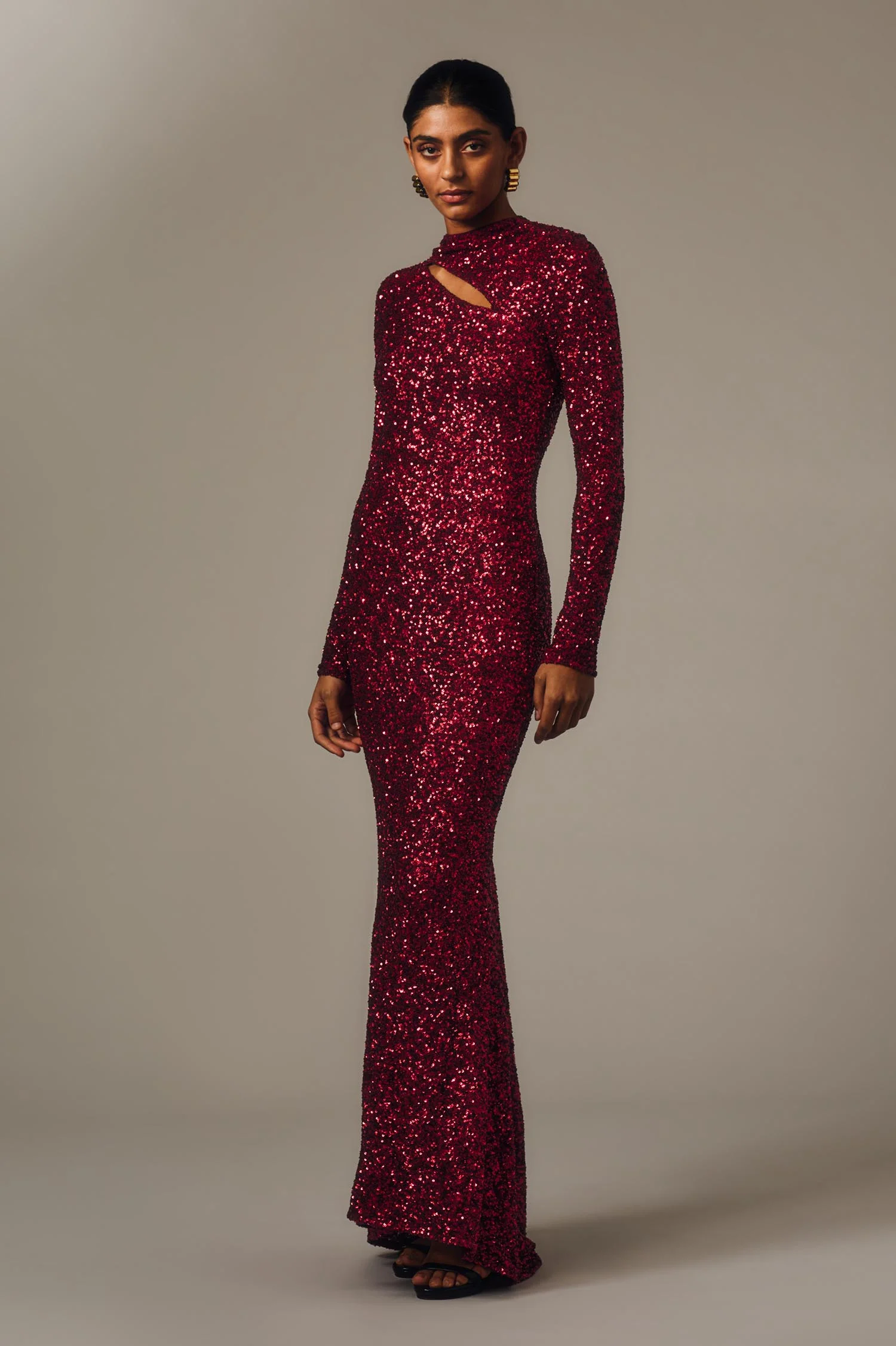 CHERRY CRUSHED SEQUIN LONG SLEEVE GOWN - Image 5