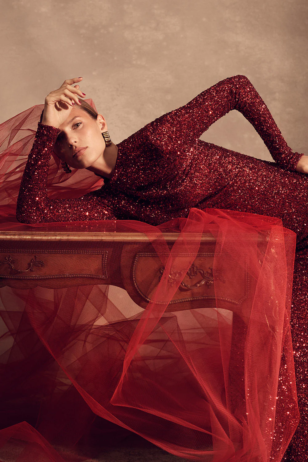 CHERRY CRUSHED SEQUIN LONG SLEEVE GOWN - Image 6