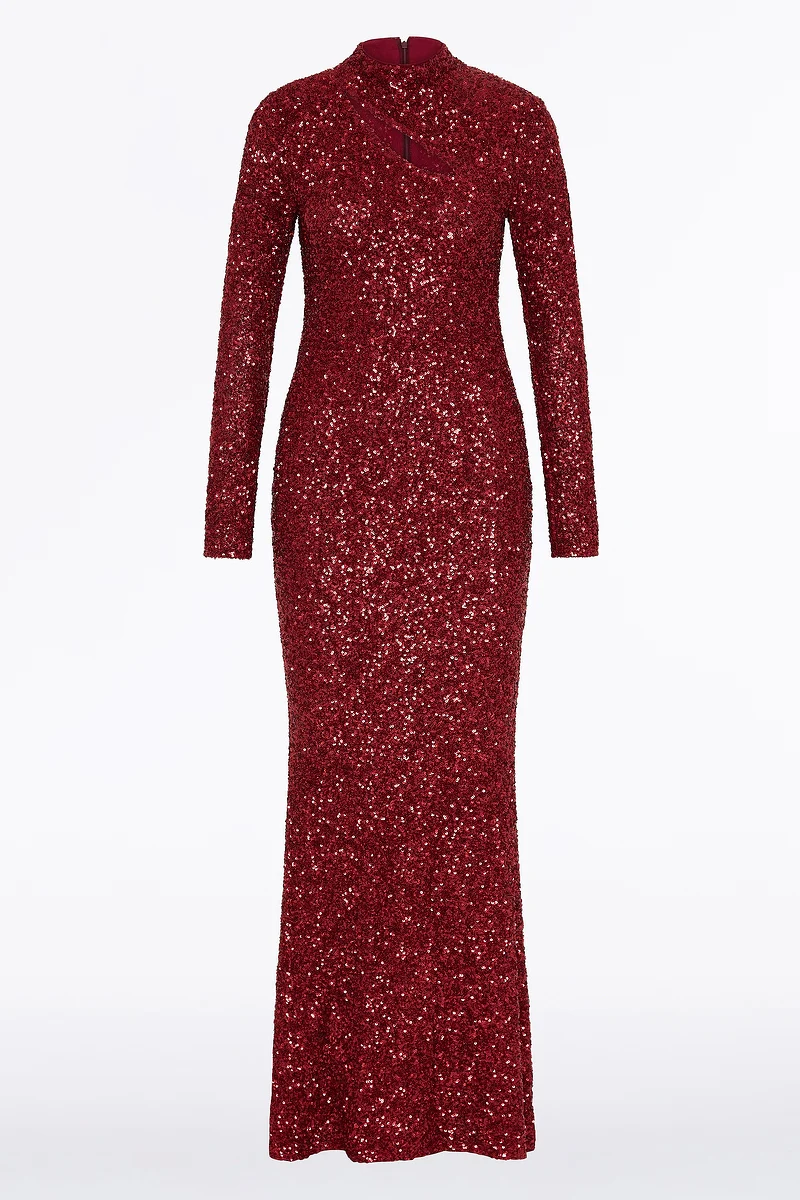 CHERRY CRUSHED SEQUIN LONG SLEEVE GOWN - Image 7