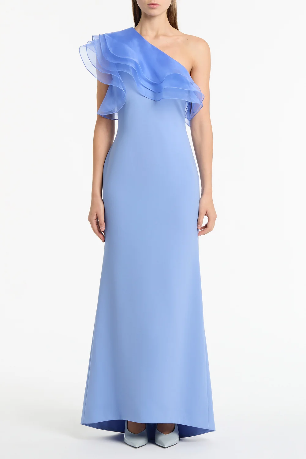 CORNFLOWER CREPE ONE SHOULDER ORGANZA RUFFLE GOWN