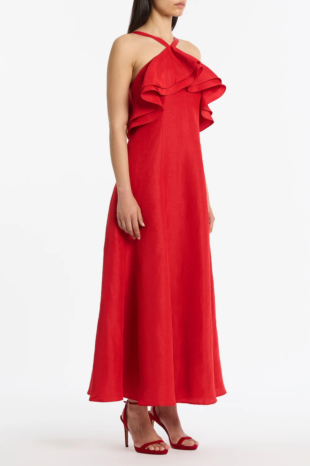 CRIMSON LINEN BLEND FRILL MAXI DRESS - Image 2
