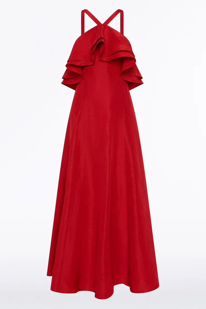CRIMSON LINEN BLEND FRILL MAXI DRESS - Image 5