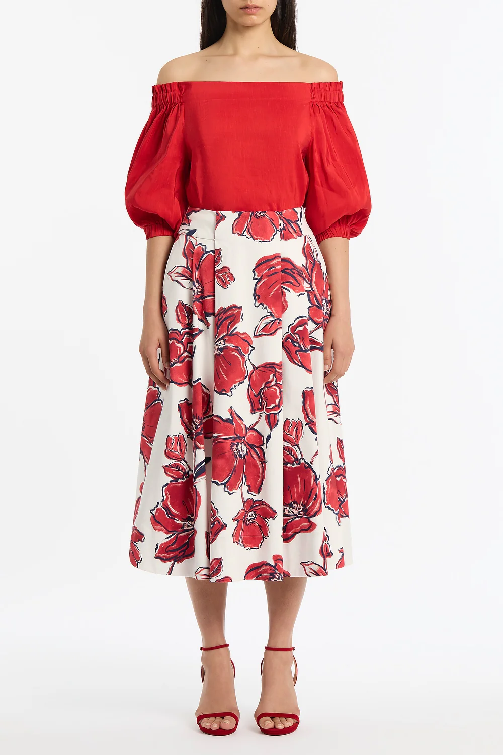 CRIMSON LINEN BLEND OFF-SHOULDER TOP