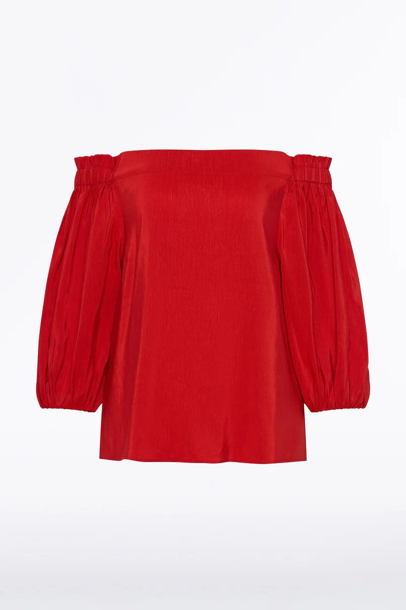 CRIMSON LINEN BLEND OFF-SHOULDER TOP - Image 4