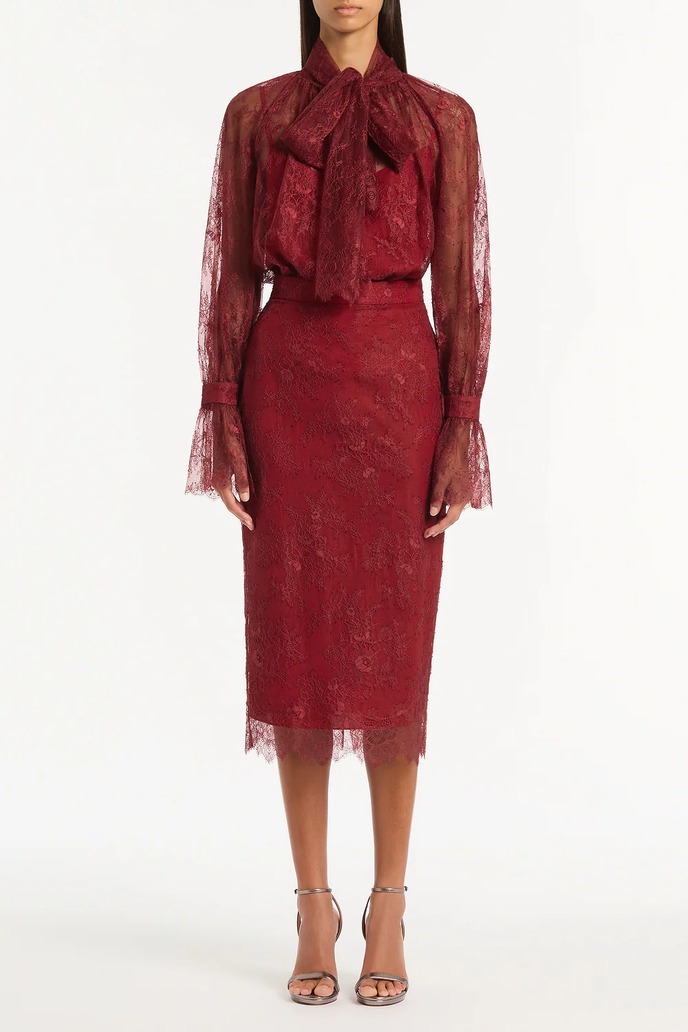 DAHLIA RED LACE LONG PENCIL SKIRT