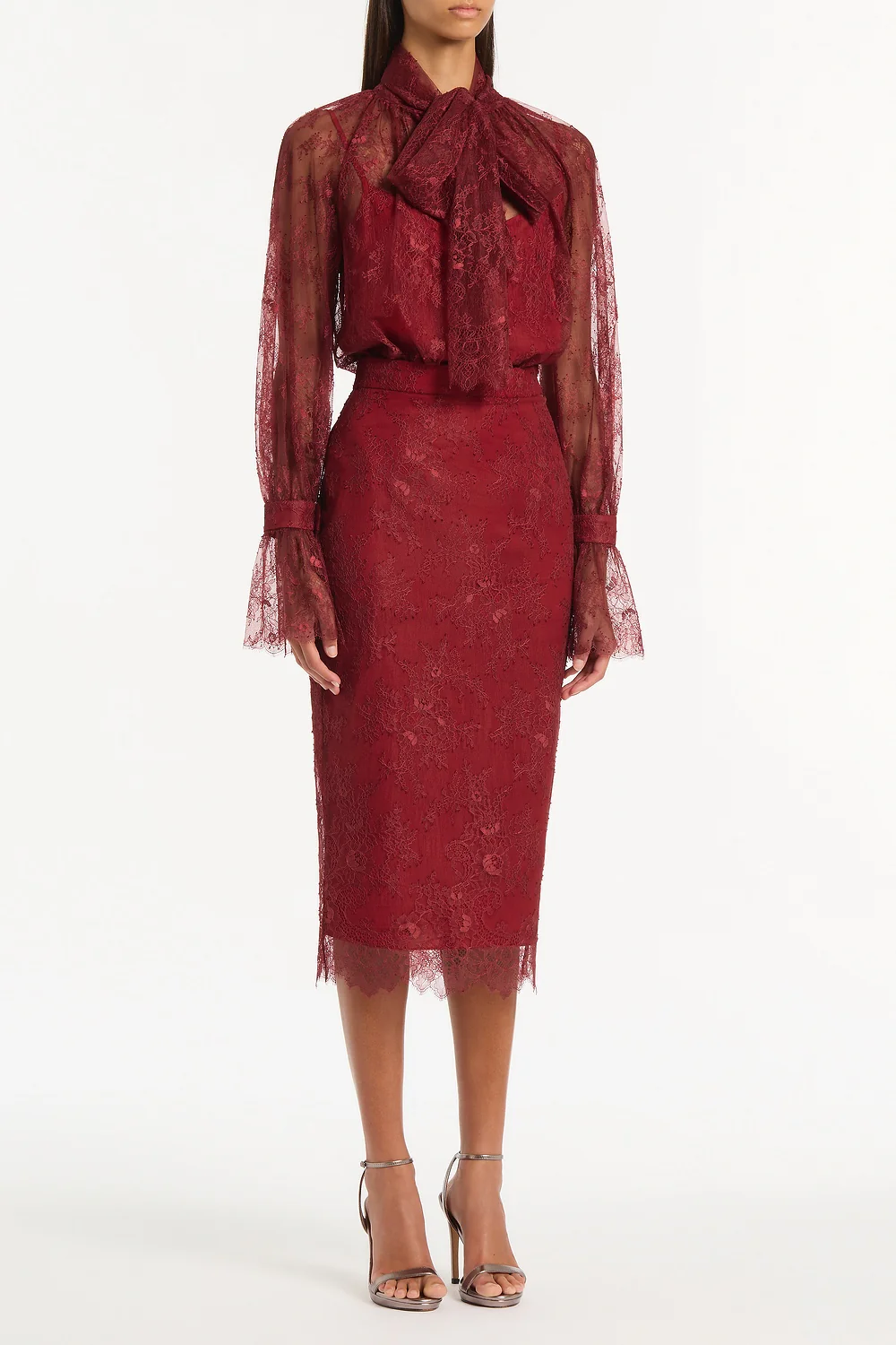 DAHLIA RED LACE LONG PENCIL SKIRT - Image 3