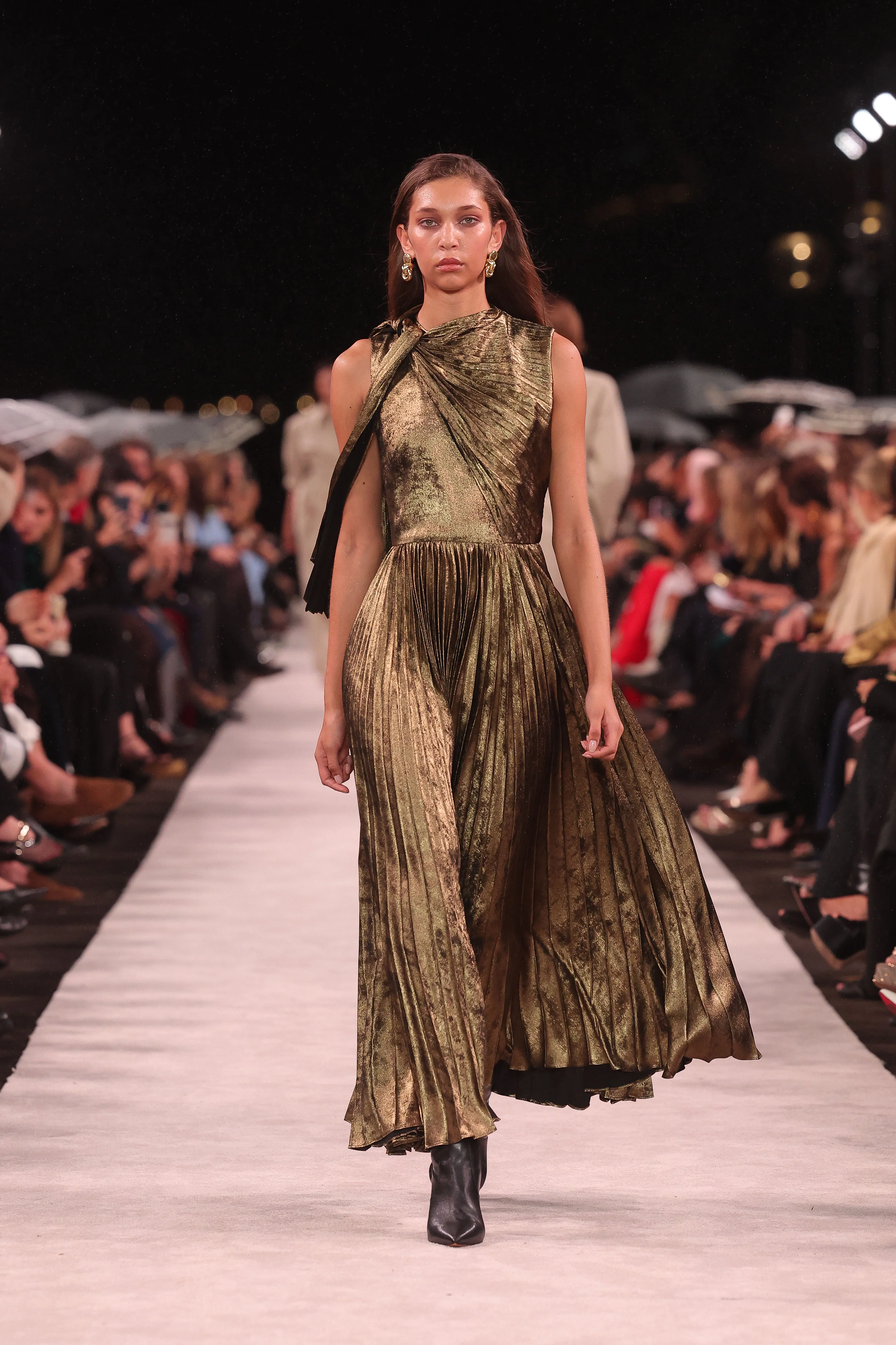 GOLD BURNISHED METALLIC PLISSE SLEEVELESS DRESS