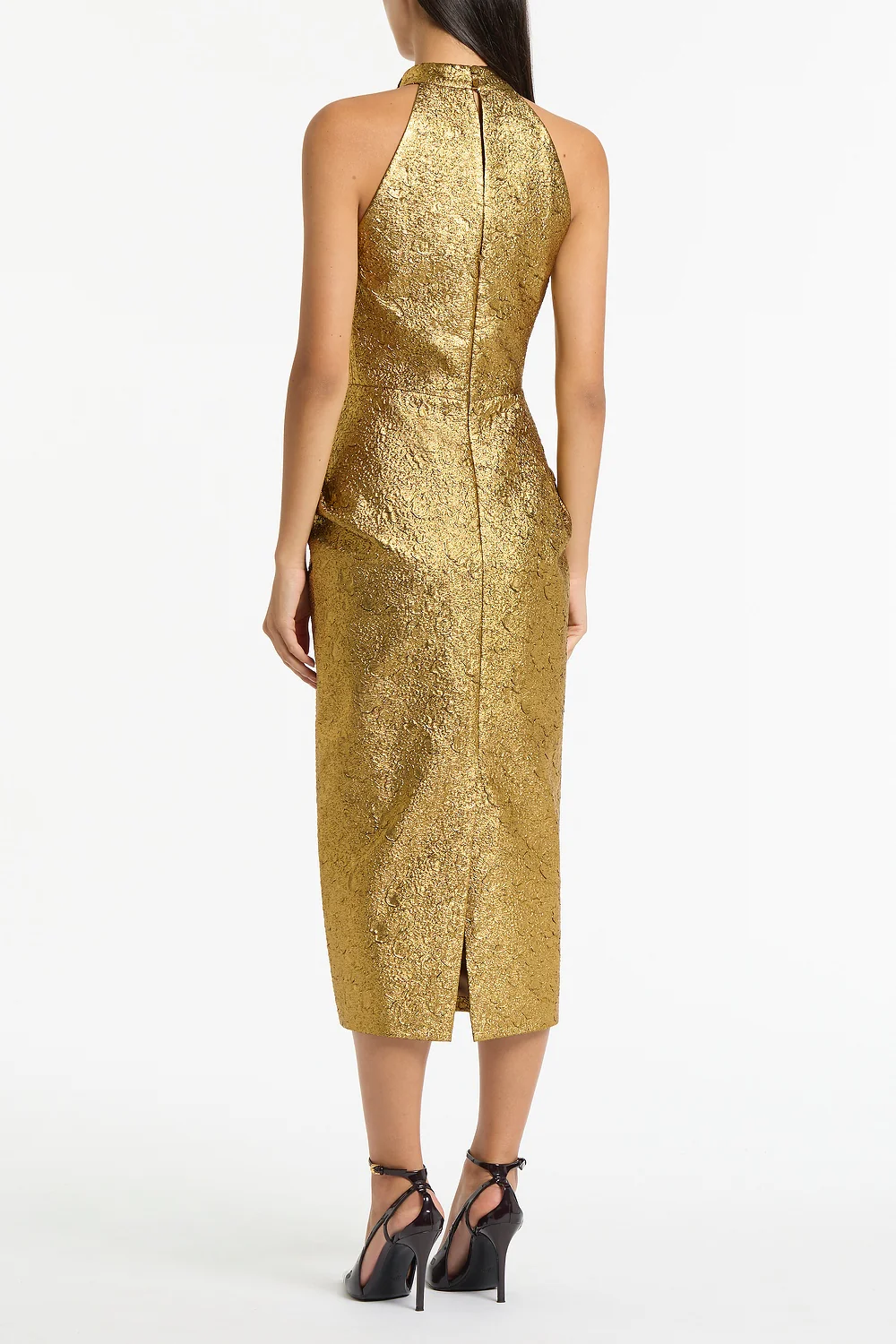 GOLD METALLIC BROCADE HALTER NECK DRESS - Image 3