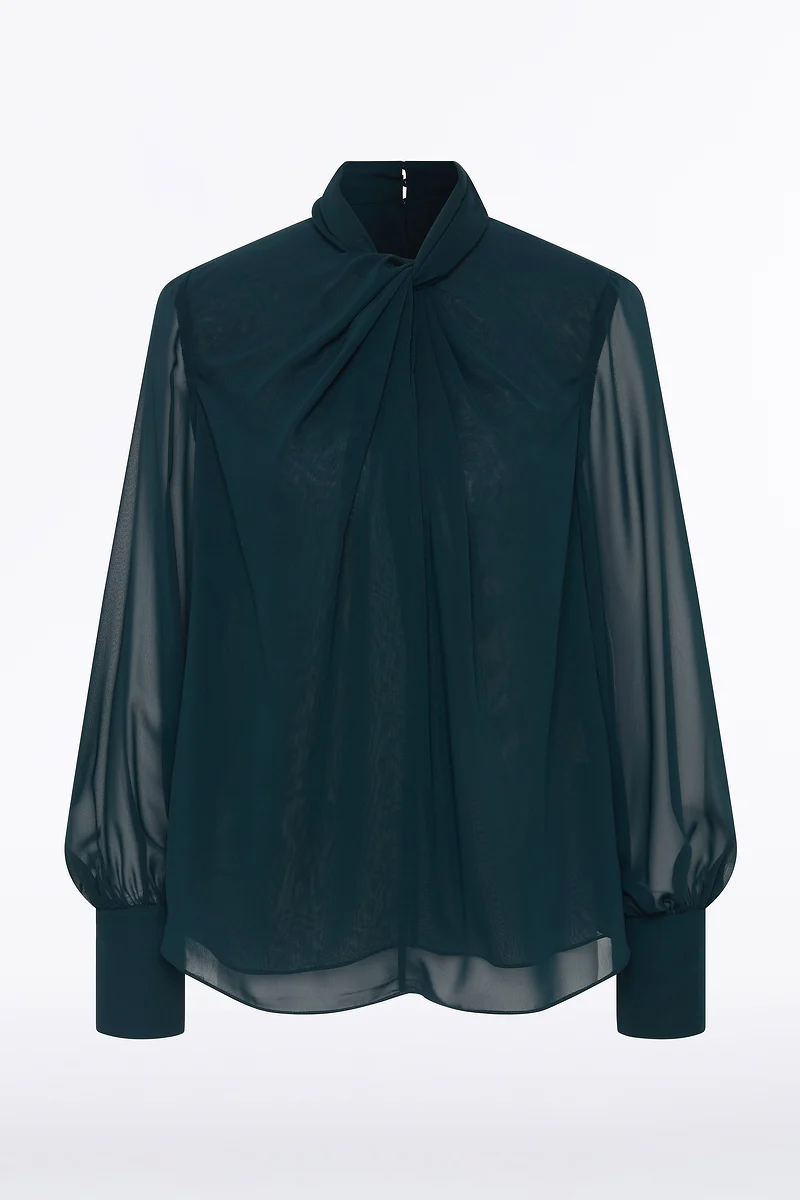 HUNTER GREEN GEORGETTE TWIST NECK TOP - Image 4