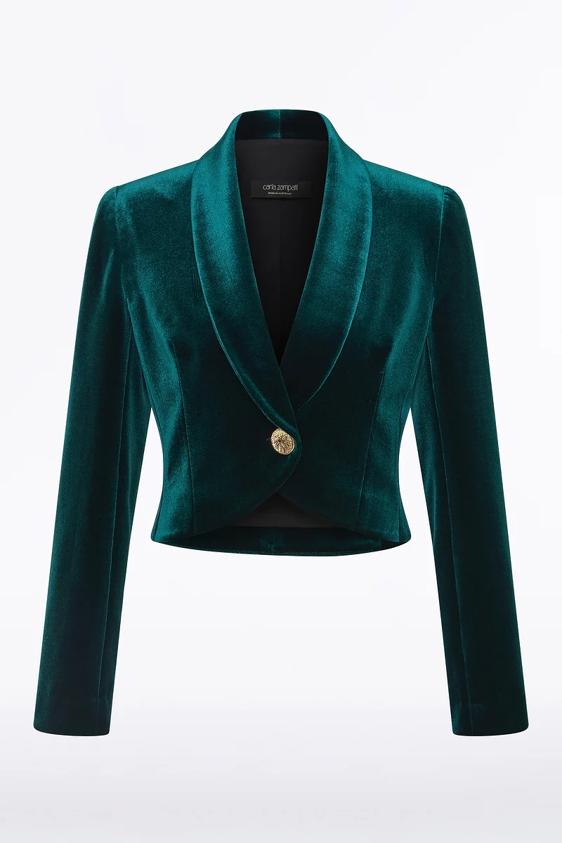 HUNTER GREEN VELVET CROPPED JACKET - Image 6