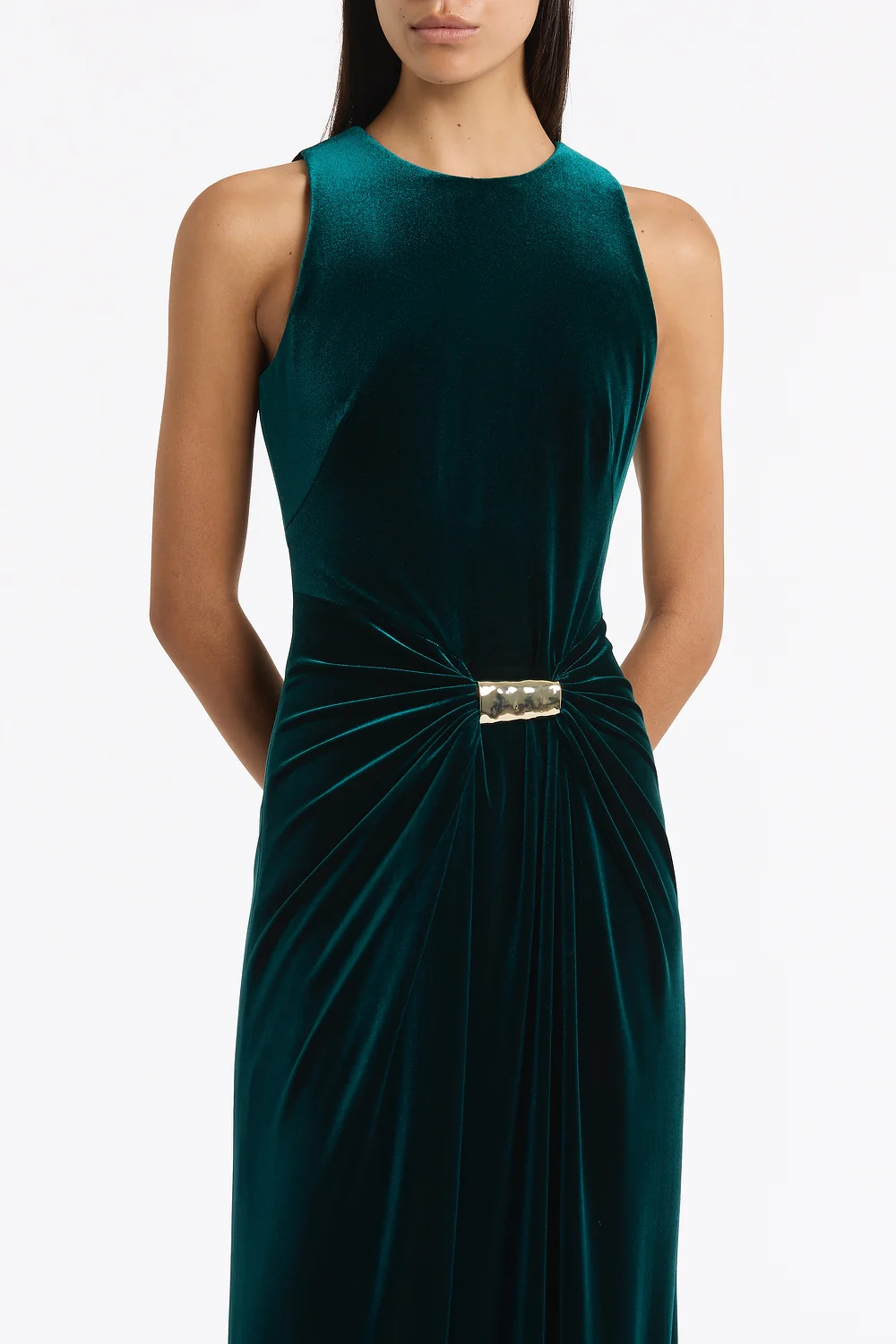 HUNTER GREEN VELVET GOLD DETAIL MAXI DRESS - Image 4