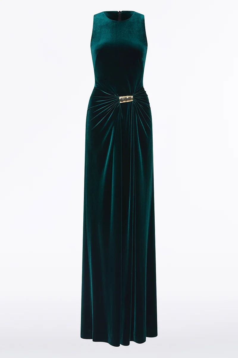 HUNTER GREEN VELVET GOLD DETAIL MAXI DRESS - Image 6