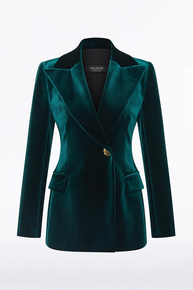 HUNTER GREEN VELVET LONGLINE JACKET - Image 5