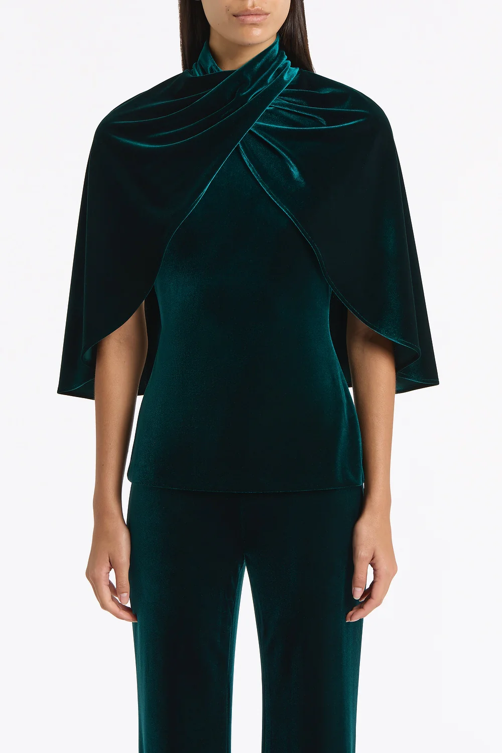 HUNTER GREEN VELVET WRAP NECK TOP - Image 4