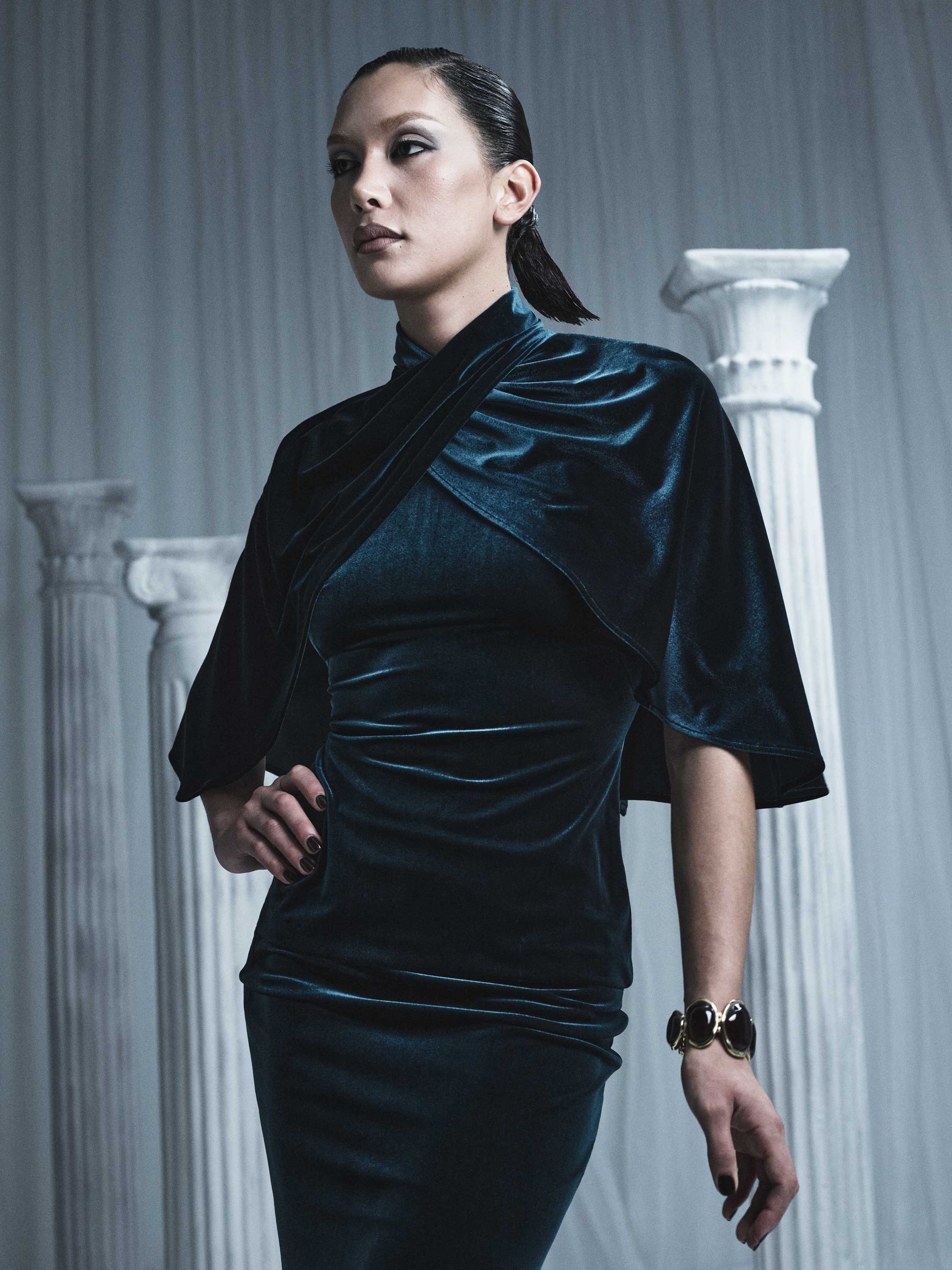 HUNTER GREEN VELVET WRAP NECK TOP - Image 6