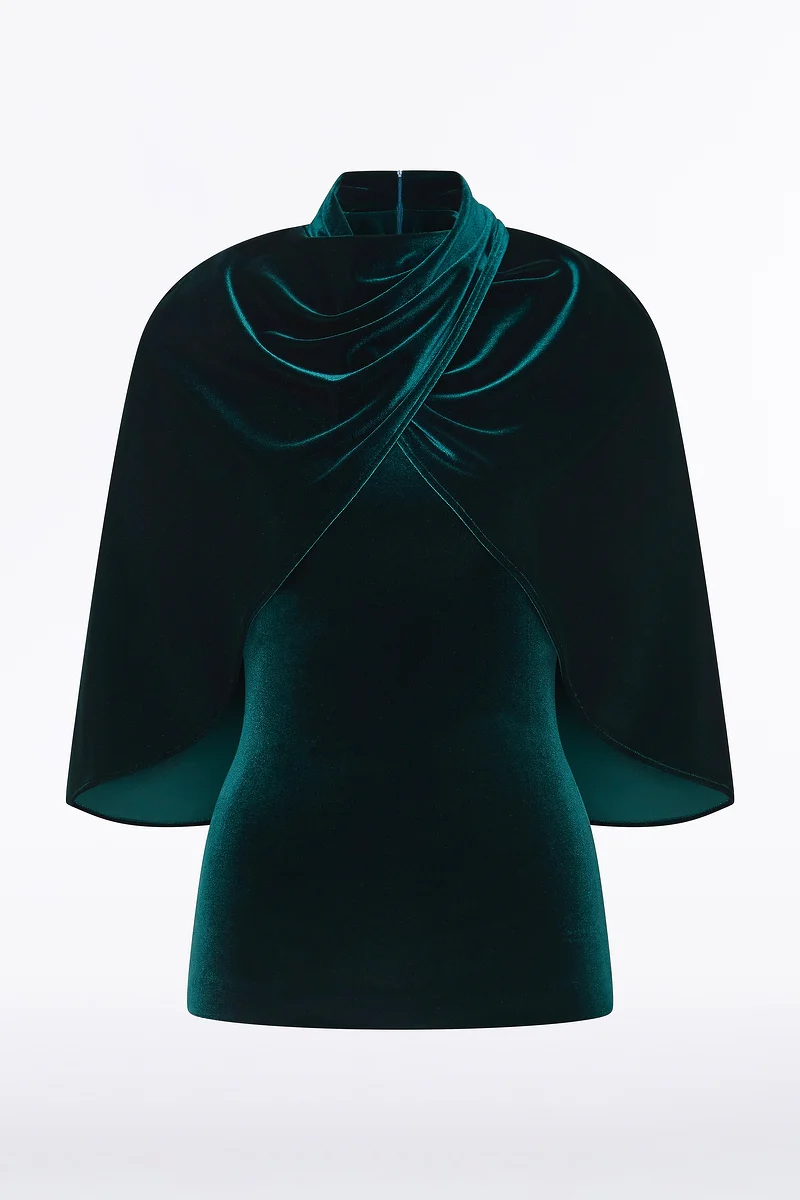 HUNTER GREEN VELVET WRAP NECK TOP - Image 7