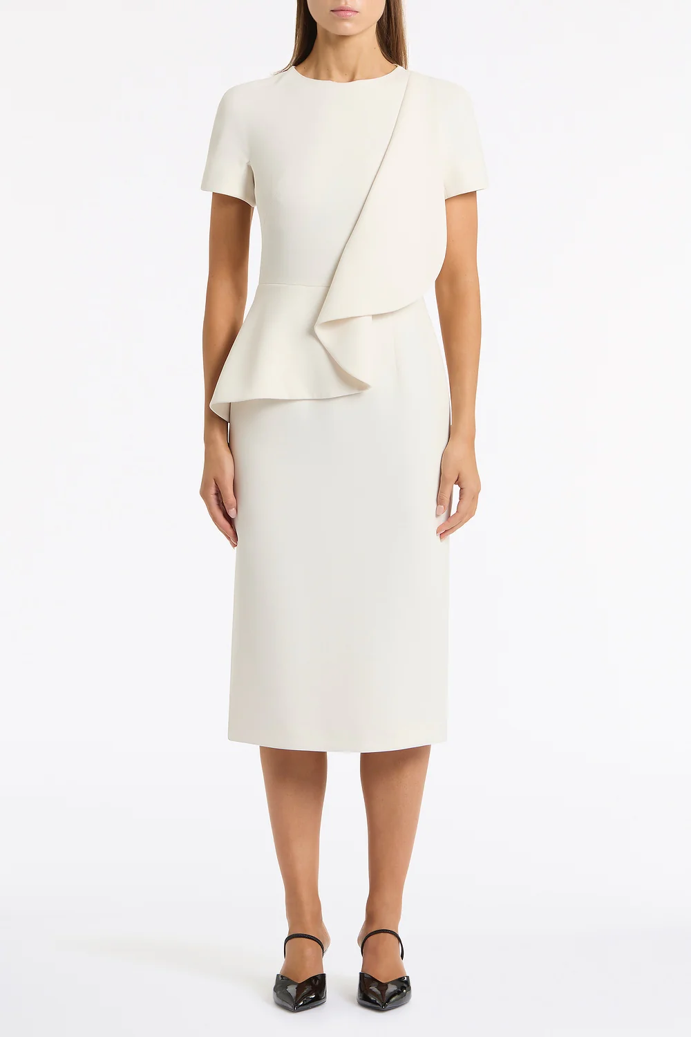 IVORY CREPE DRAPE PEPLUM MIDI DRESS
