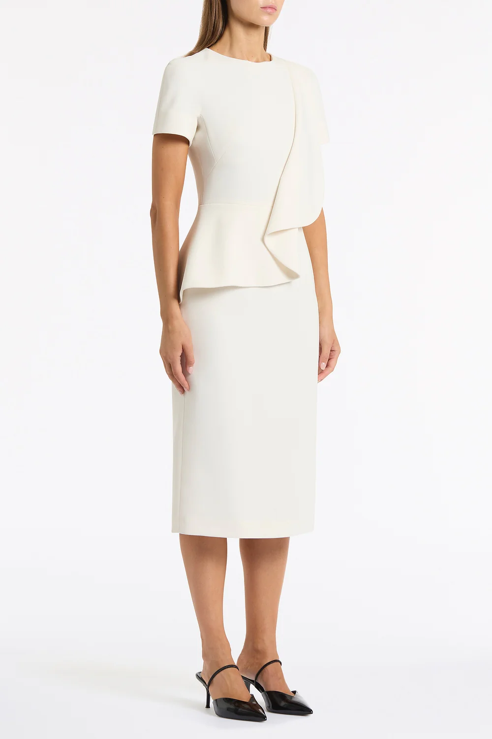 IVORY CREPE DRAPE PEPLUM MIDI DRESS - Image 2