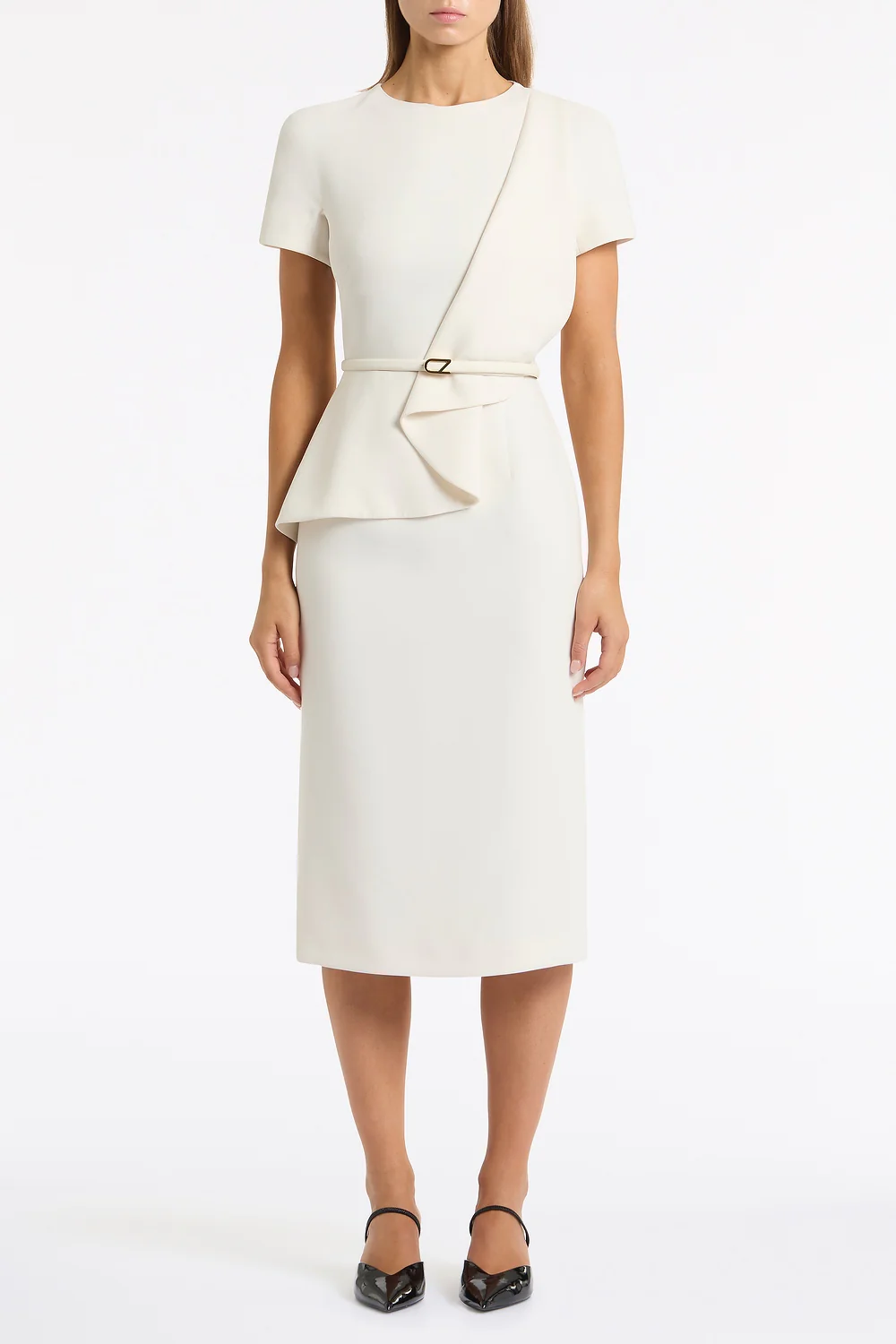 IVORY CREPE DRAPE PEPLUM MIDI DRESS - Image 4