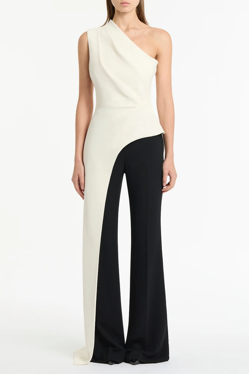 IVORY CREPE ONE SHOULDER LONGLINE TOP
