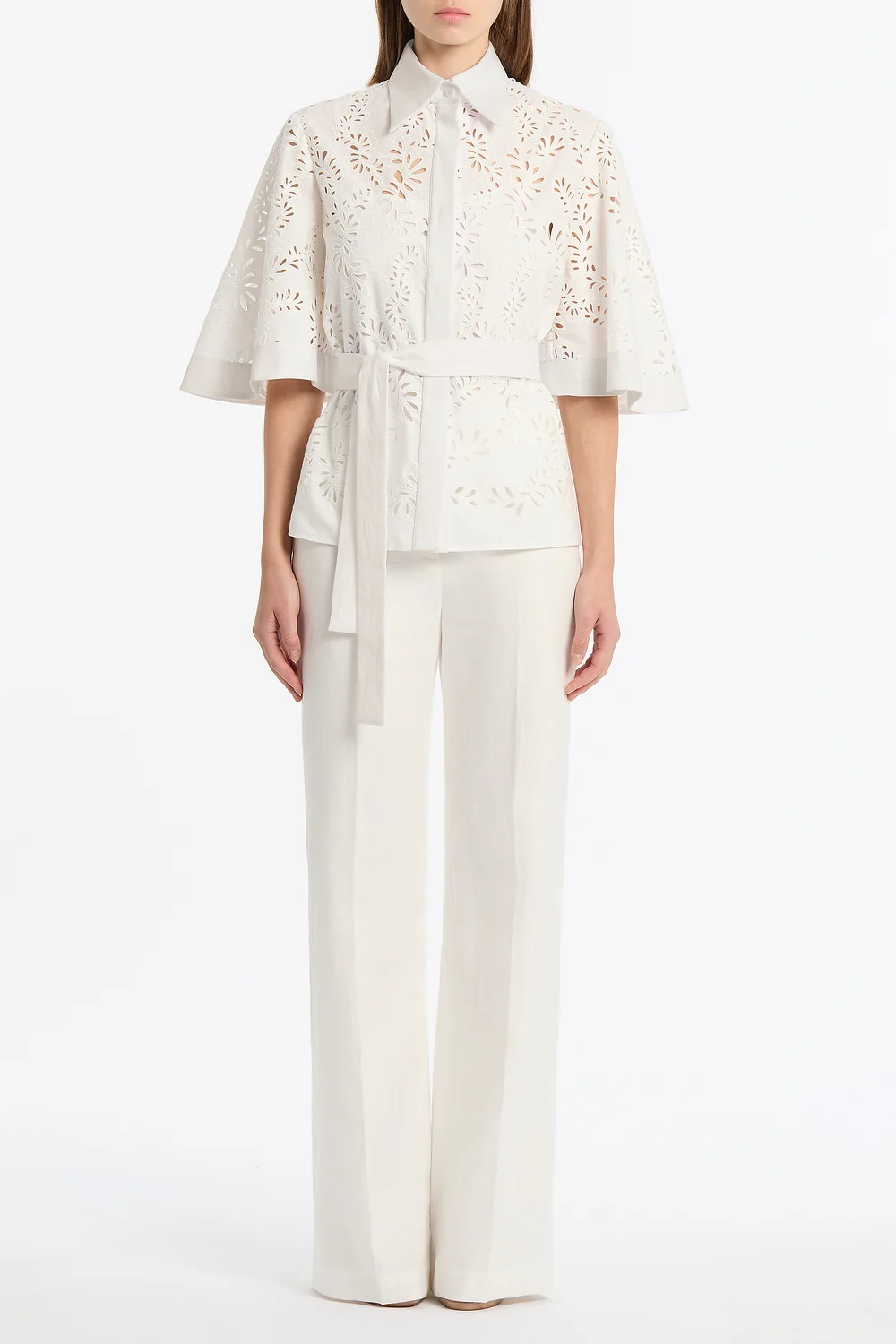 IVORY LACE BRODERIE FLUTED SLEEVE TIE TOP