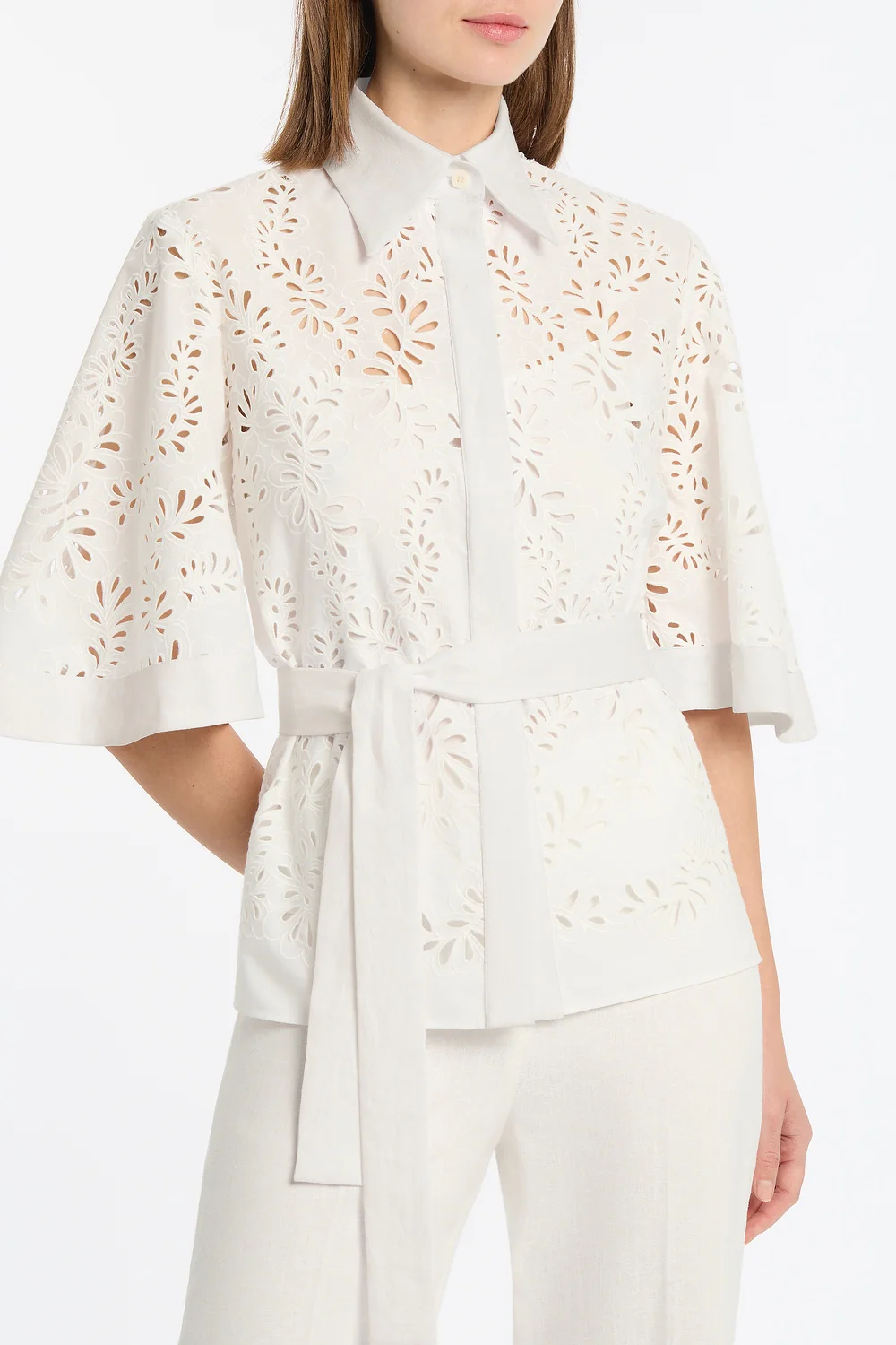 IVORY LACE BRODERIE FLUTED SLEEVE TIE TOP - Image 4