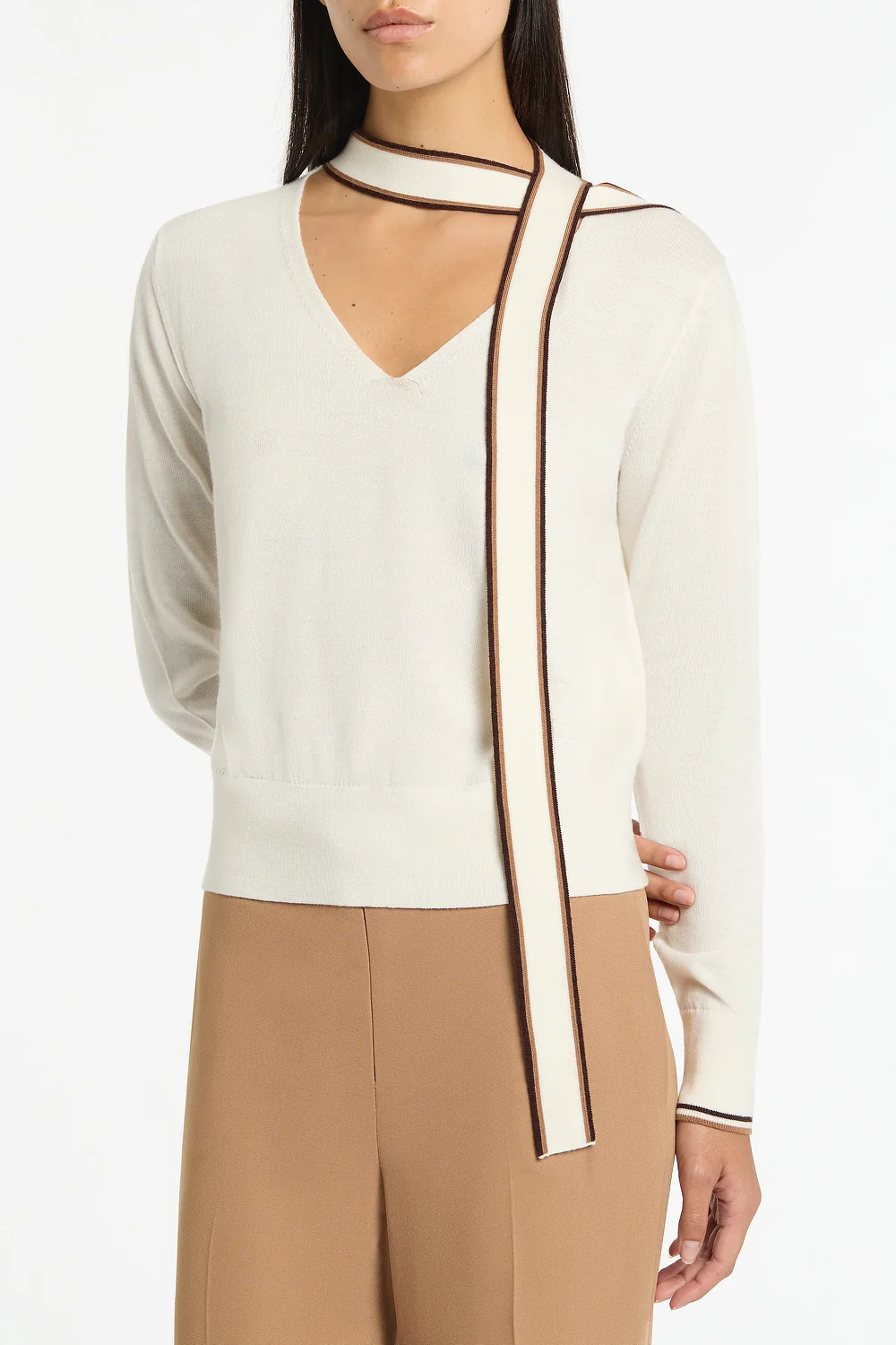 IVORY MERINO TIPPED TIE NECK KNIT TOP - Image 4