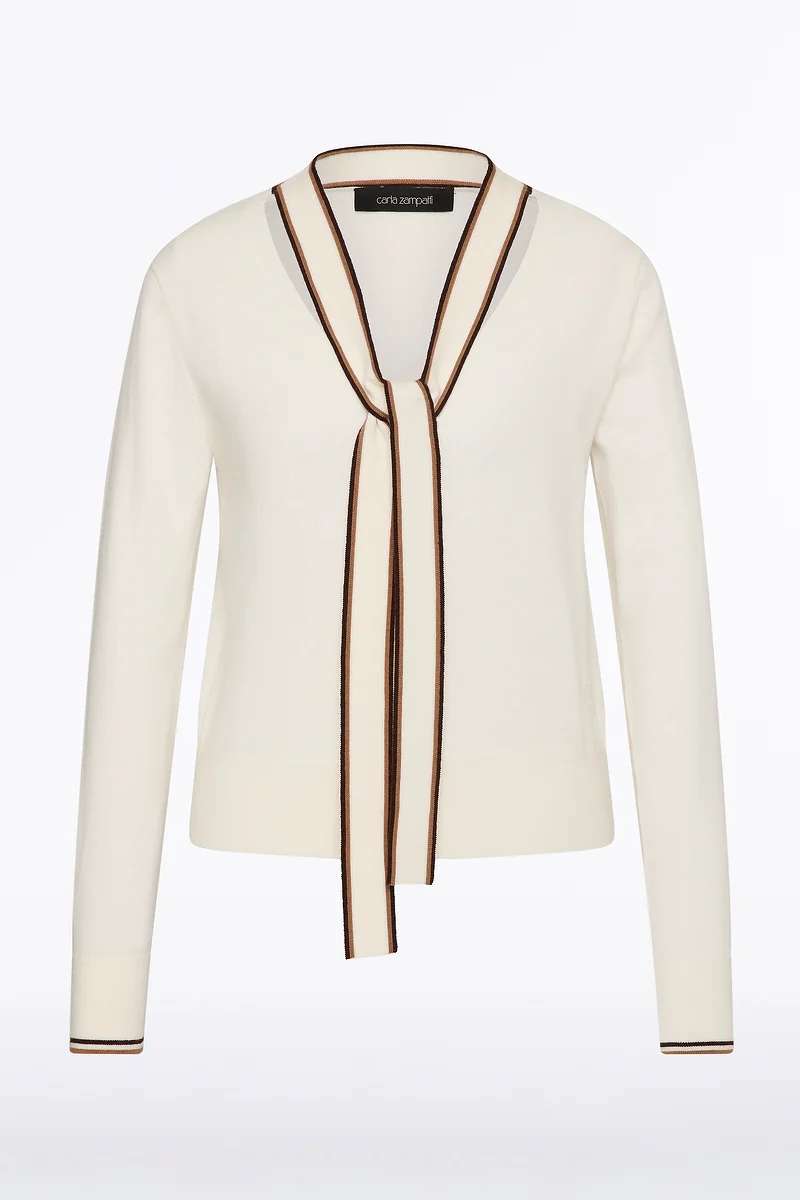 IVORY MERINO TIPPED TIE NECK KNIT TOP - Image 5