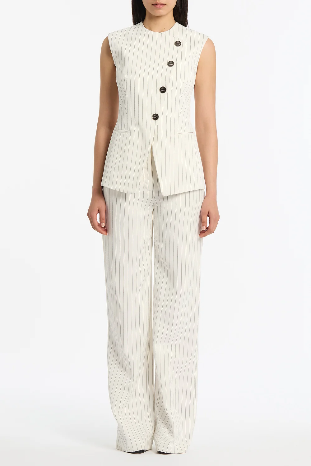 IVORY PINSTRIPE LINEN ASYMMETRIC VEST
