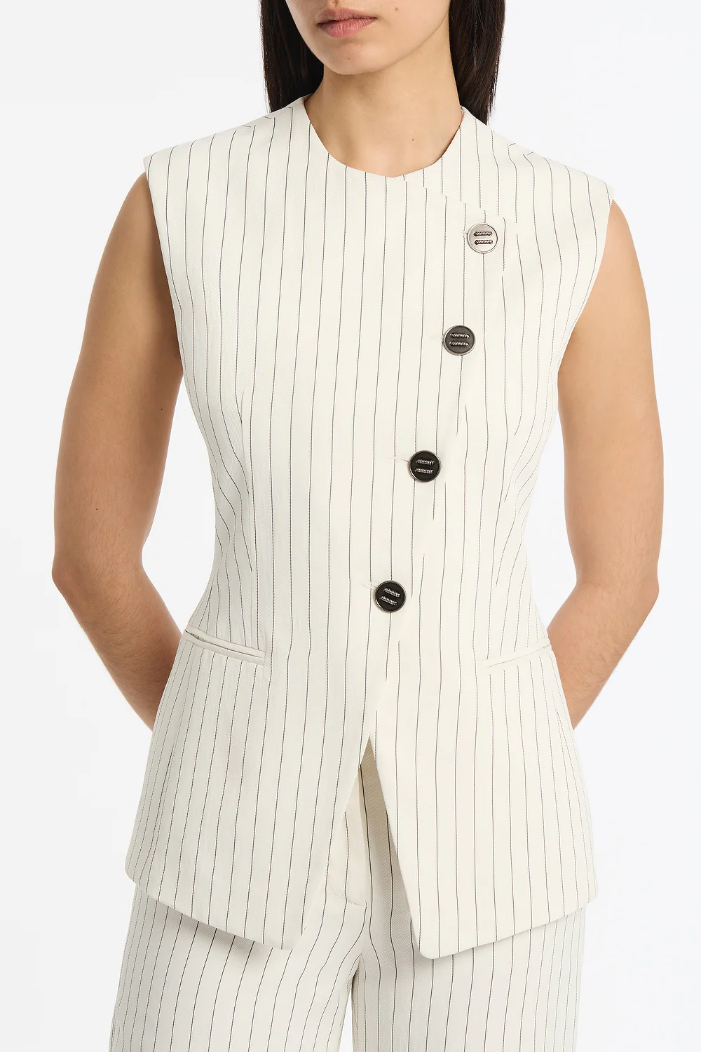 IVORY PINSTRIPE LINEN ASYMMETRIC VEST - Image 4