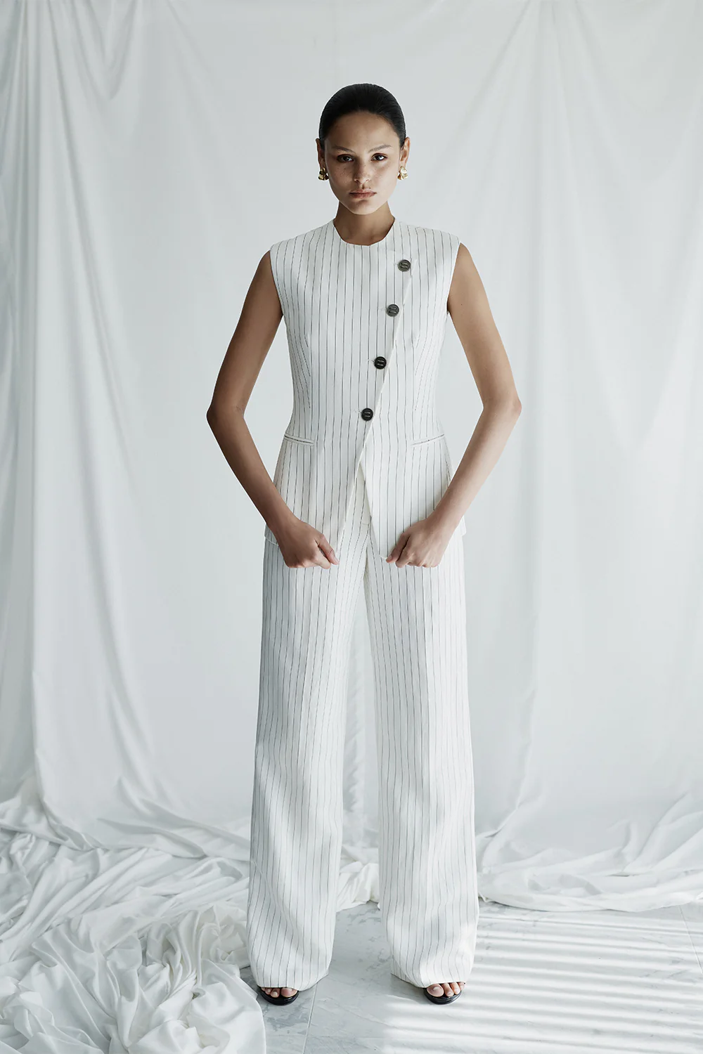 IVORY PINSTRIPE LINEN ASYMMETRIC VEST - Image 5