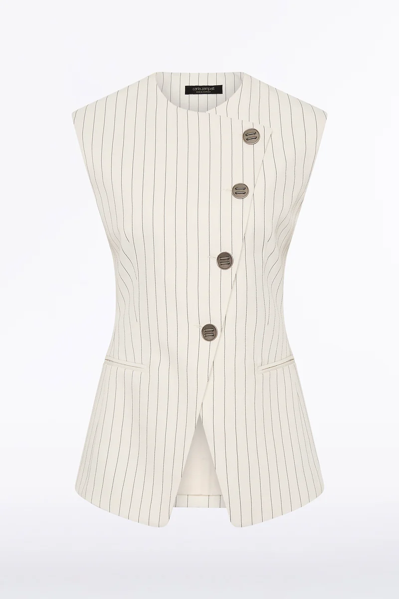 IVORY PINSTRIPE LINEN ASYMMETRIC VEST - Image 6