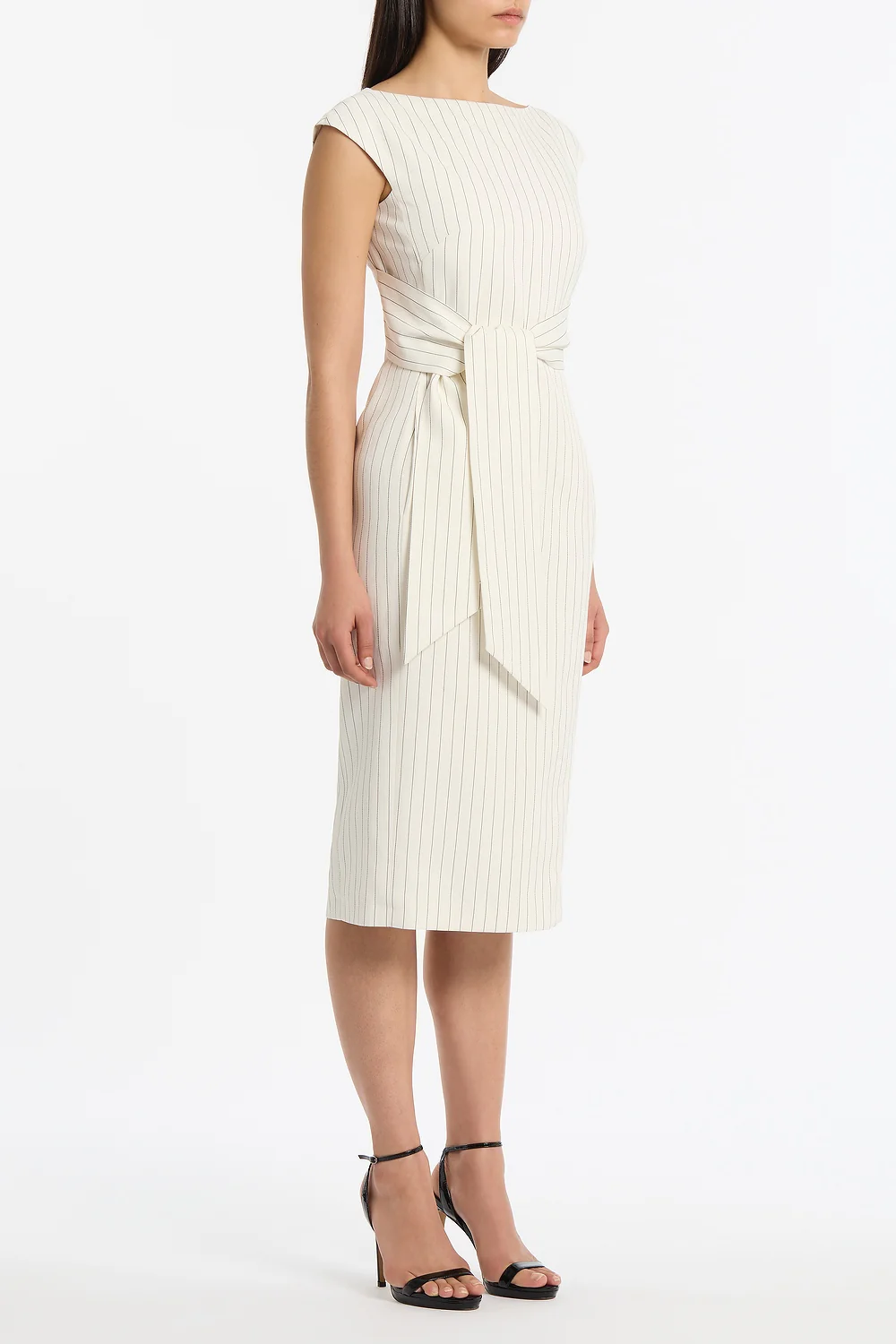 IVORY PINSTRIPE LINEN TIE WAIST MIDI DRESS - Image 2
