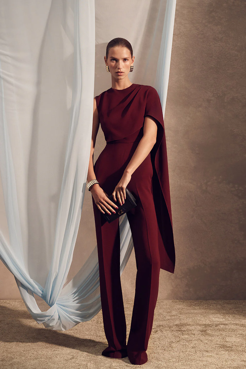 MERLOT CREPE CASCADE JUMPSUIT - Image 4