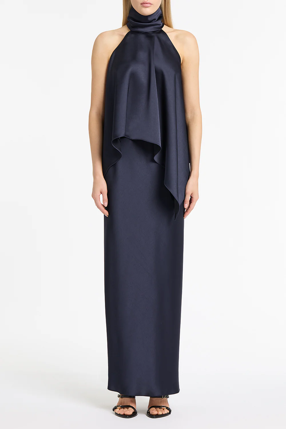 MIDNIGHT SATIN DRAPED HALTER TOP