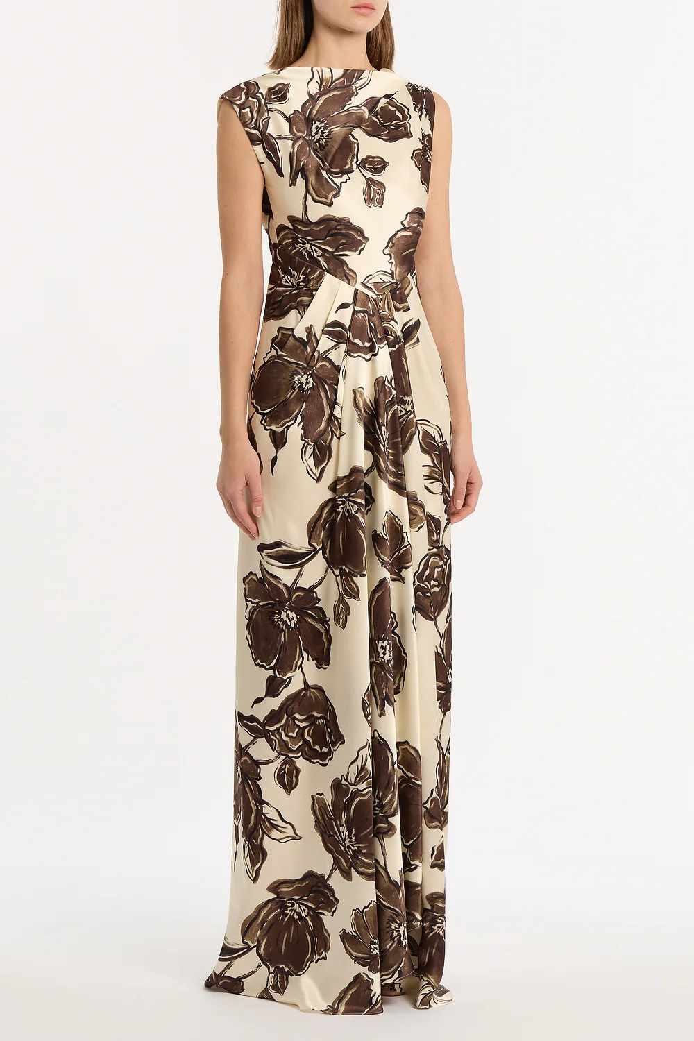 MOCHA BOUQUET SILK VISCOSE CINCHED MAXI DRESS - Image 2