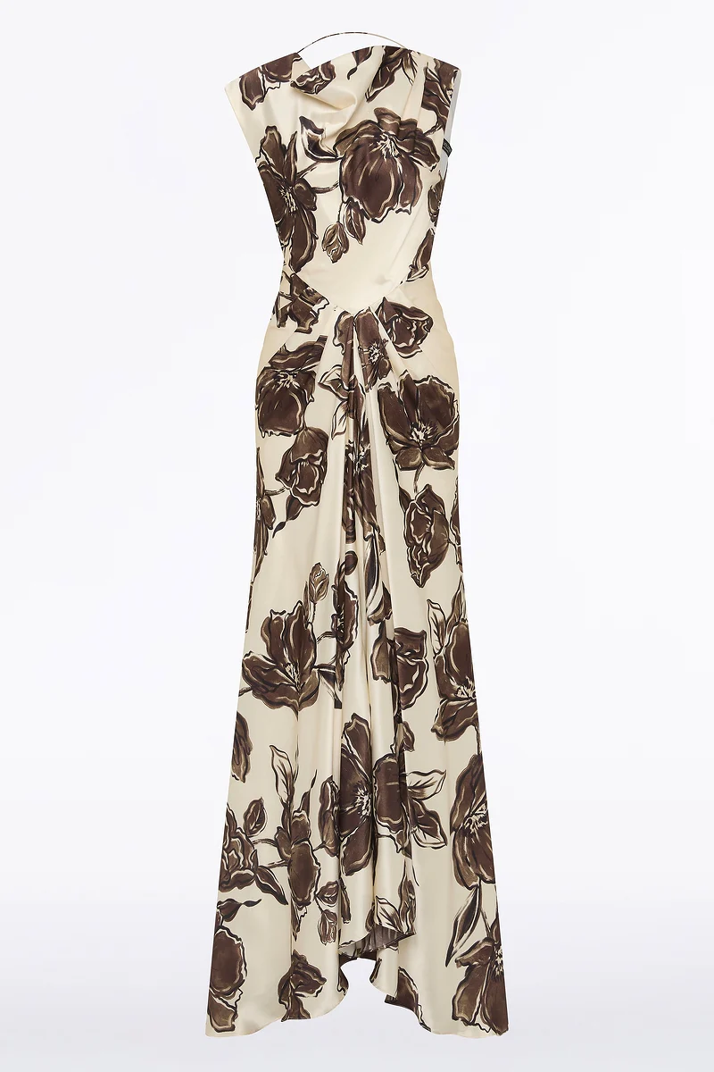 MOCHA BOUQUET SILK VISCOSE CINCHED MAXI DRESS - Image 6