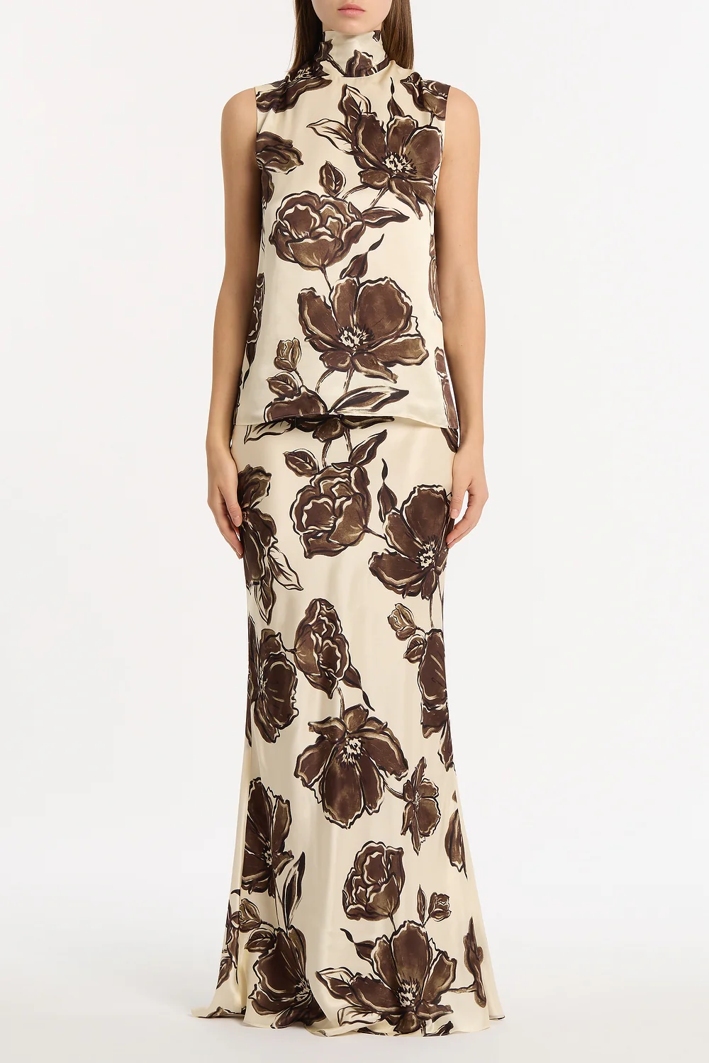 MOCHA BOUQUET SILK VISCOSE TIE NECK TOP