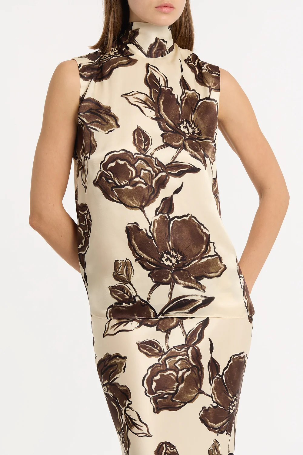 MOCHA BOUQUET SILK VISCOSE TIE NECK TOP - Image 4