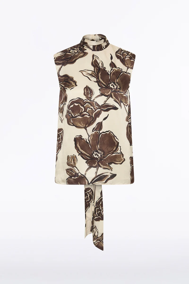 MOCHA BOUQUET SILK VISCOSE TIE NECK TOP - Image 5