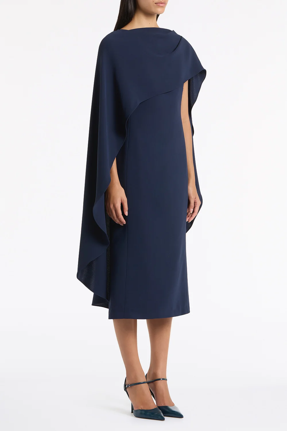 NAVY CREPE CAPE MIDI DRESS - Image 2