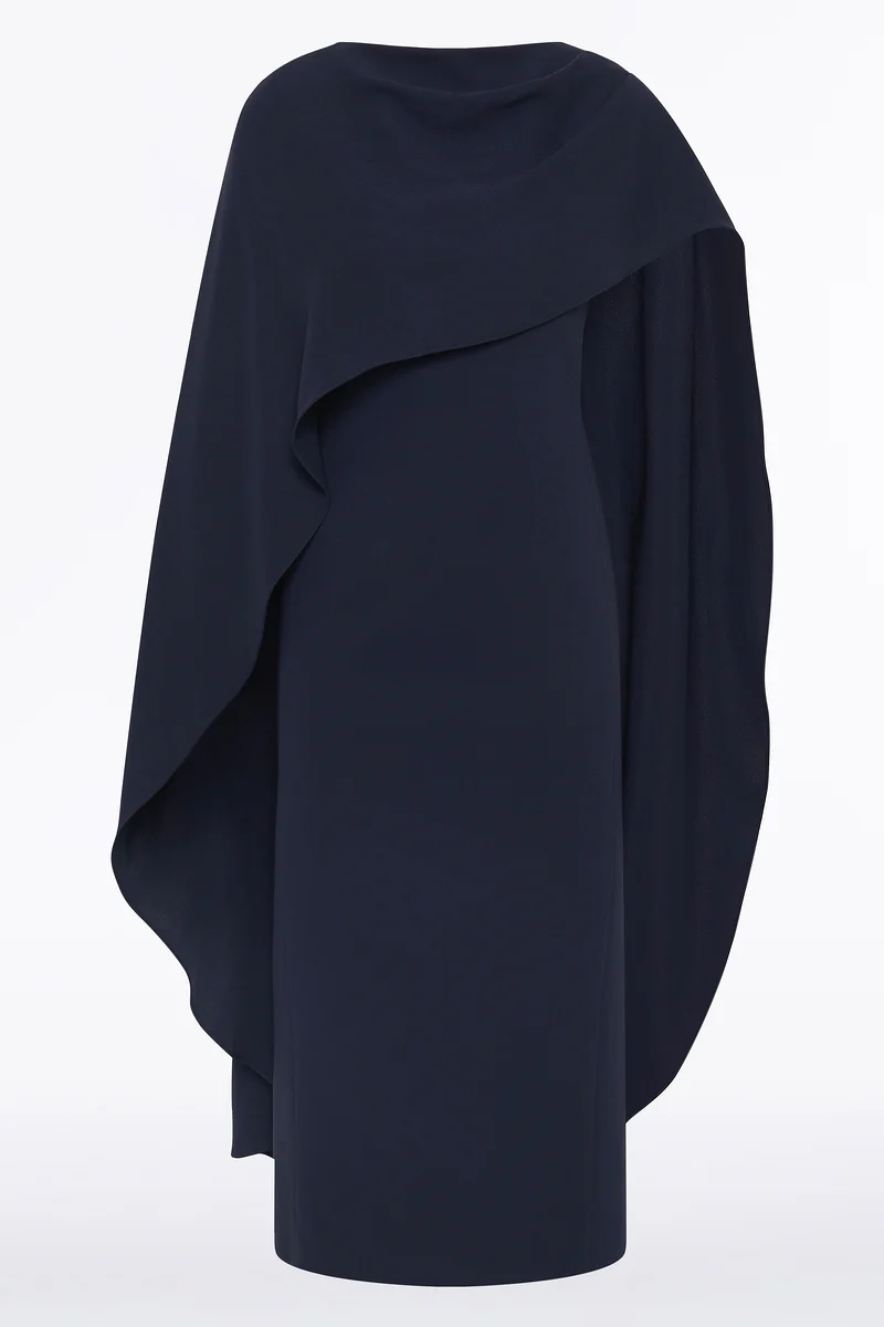 NAVY CREPE CAPE MIDI DRESS - Image 4